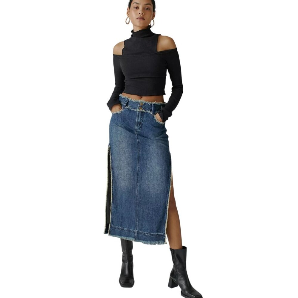 URBAN OUTFITTERS BDG HOLLY DENIM MIDI SKIRT POCKETS Y2K 90'S RAW EDGE NWOT S